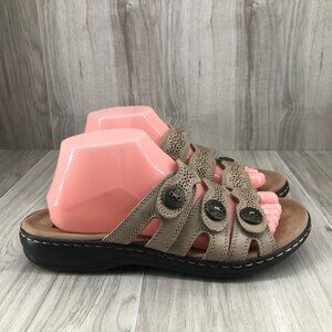 Clarks Sandals Womens 9M Leisa Tan Leather Slip On Slide Shoes